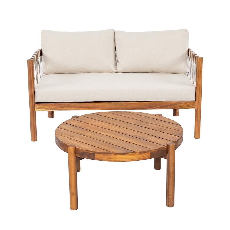 Scott Living Coastal Haven Outdoor Loveseat and Coffee Table Set Acacia Wood with Beige Cushions