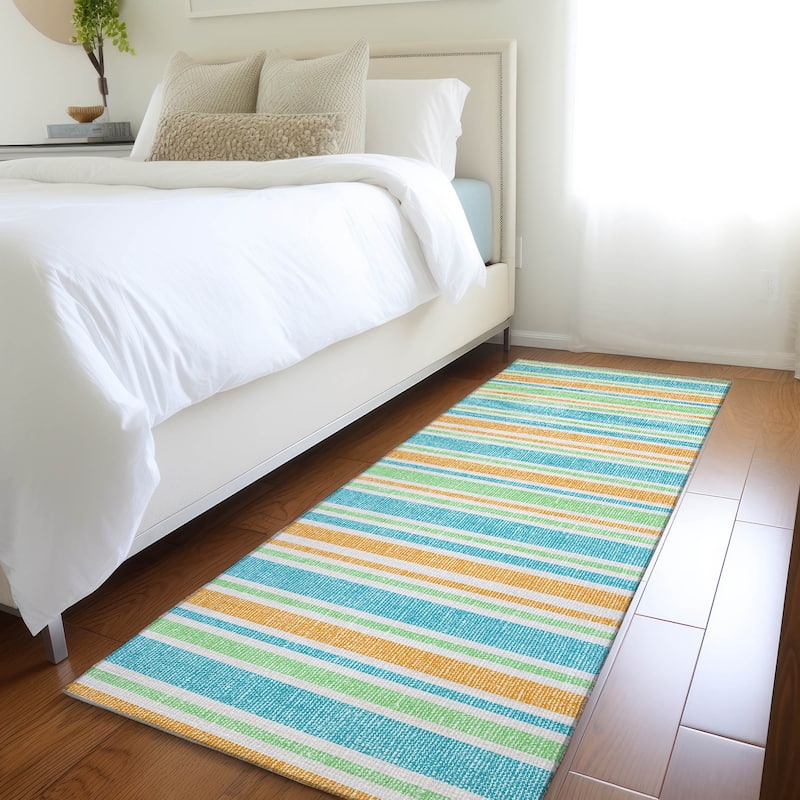 Machine Washable Indoor/ Outdoor Thin Cabana Stripe Chantille Rug