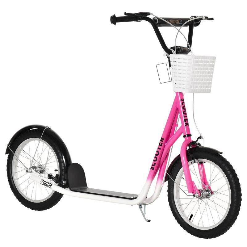 Adjustable Kick Scooter with Inflatable Tires, Dual Brakes, Basket, and Kickstand - Perfect for Kids and Teens - Pink