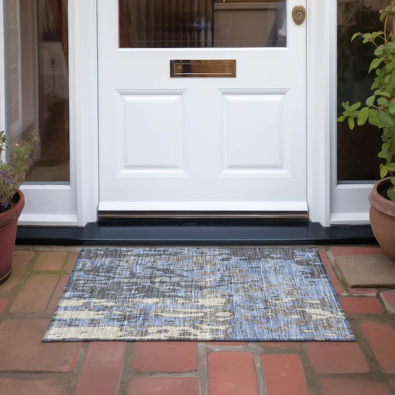 Machine Washable Indoor/ Outdoor Abstract Contemporary Chantille Rug - Denim - 1'8" x 2'6"
