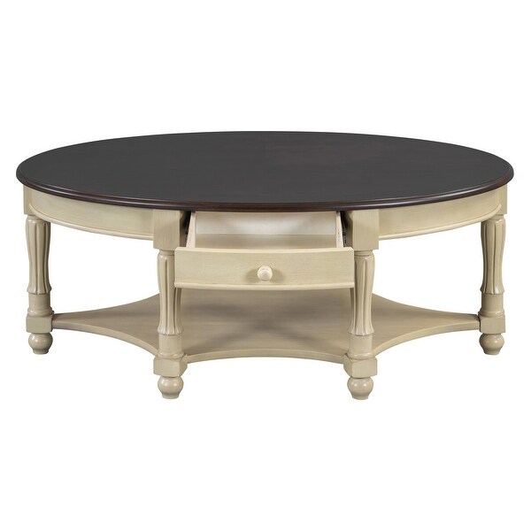 Vintage French Country Oval Coffee Table with Carvings, Drawer
