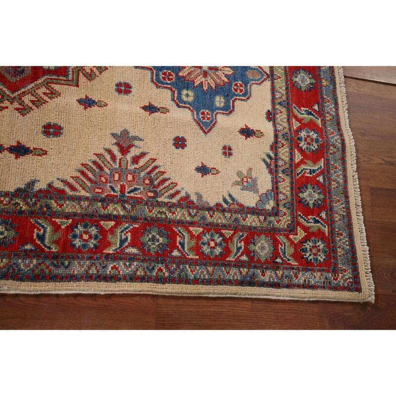 Kazak Accent Rug Handmade Geometric Beige Wool Carpet - 3'5" x 5'0"