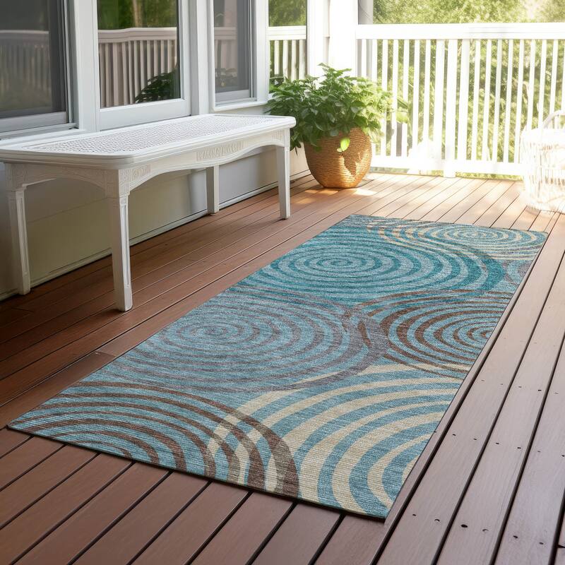 Machine Washable Indoor/ Outdoor Contemporary Swirls Chantille Rug - Teal - 2'3" x 7'6"