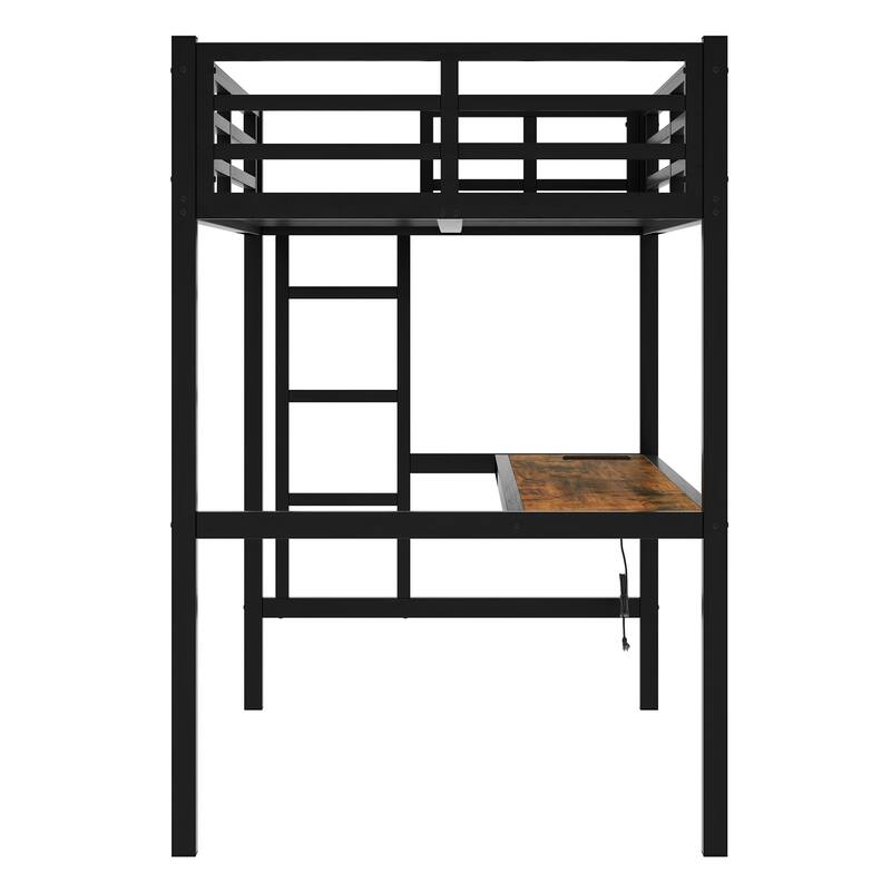 Metal High Loftbed with Power Outlet, LED Lights and Built In Desk