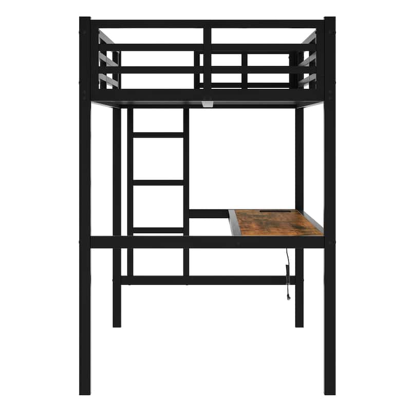 Space-Saving Metal Twin XL Loft Bed with Power Outlet, LED Lighting and Desk