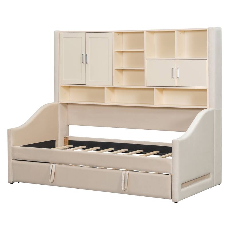 Twin Size Upholstered Daybed Sofa Bed with All-in-one Bookcase Storage Cabinets Shelves, Pull-out Lift-up Trundle, Arm Lights