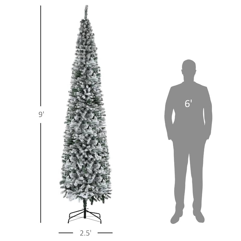 Indoor Holiday Decor,9ft Flocked Christmas Tree, Pencil Artificial Xmas Tree with Faux Snow - Green