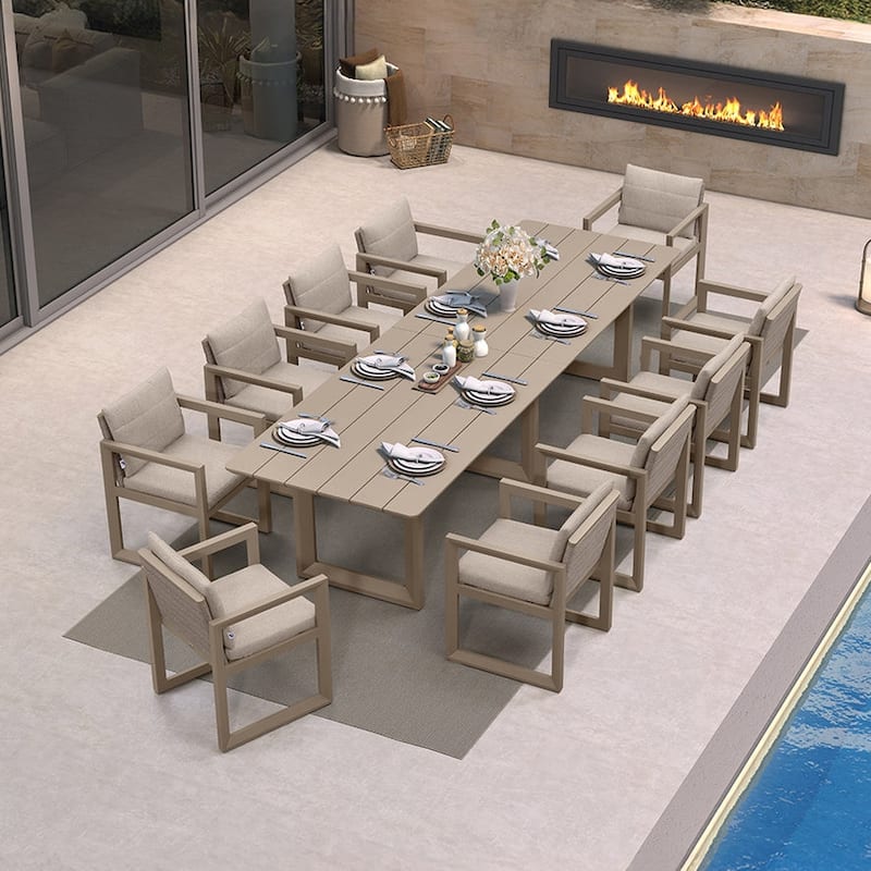 PURPLE LEAF Caesar Outdoor Dining Set Aluminum Luxury Patio Furniture with Olifen Removable Thick Cushion and Pillow-Khaki - N/A - 11-Piece（330）