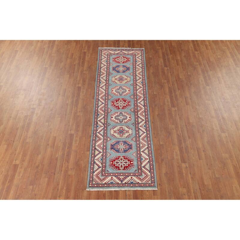 Light Blue Kazak Runner Rug Handmade Wool Carpet - 2'11" x 9'7"