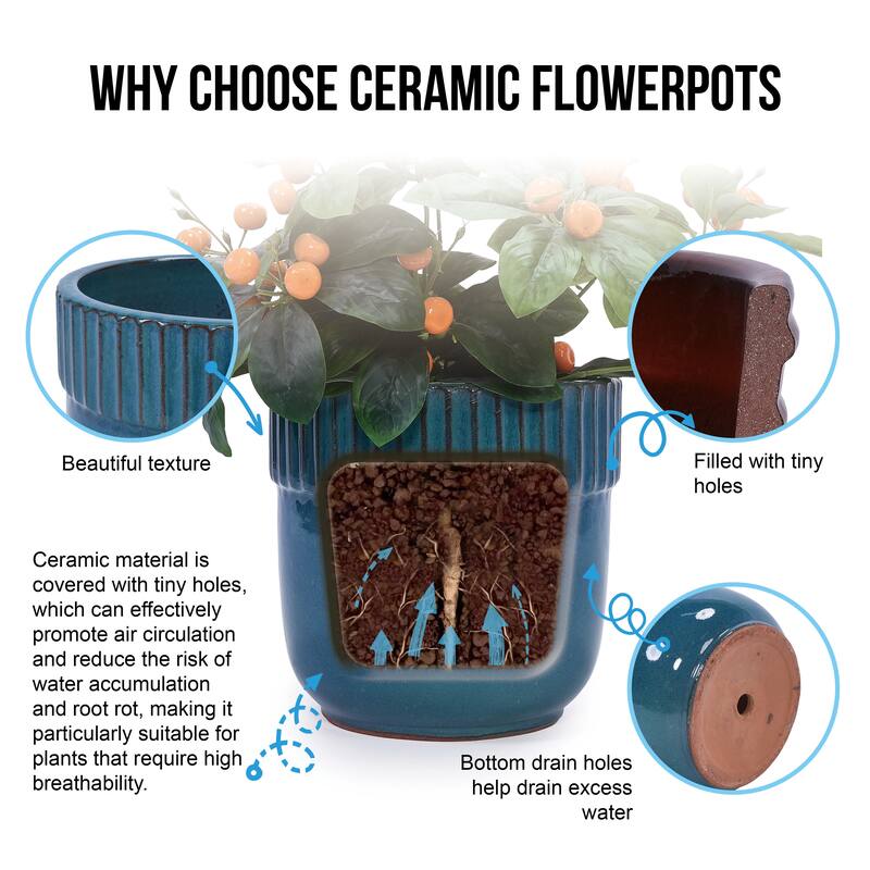 Glossy Ribbed Handmade Ceramic Planter Pot, for Succulents and Herbs