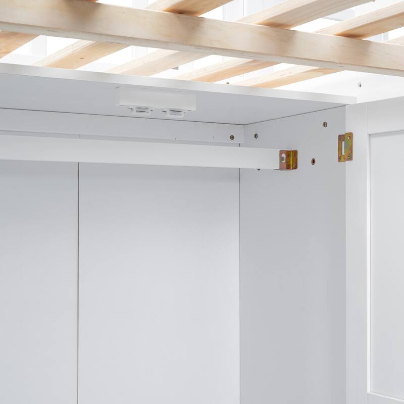 Full Size Loft Bed with Bookshelf, Drawers, Desk, and Wardrobe in White