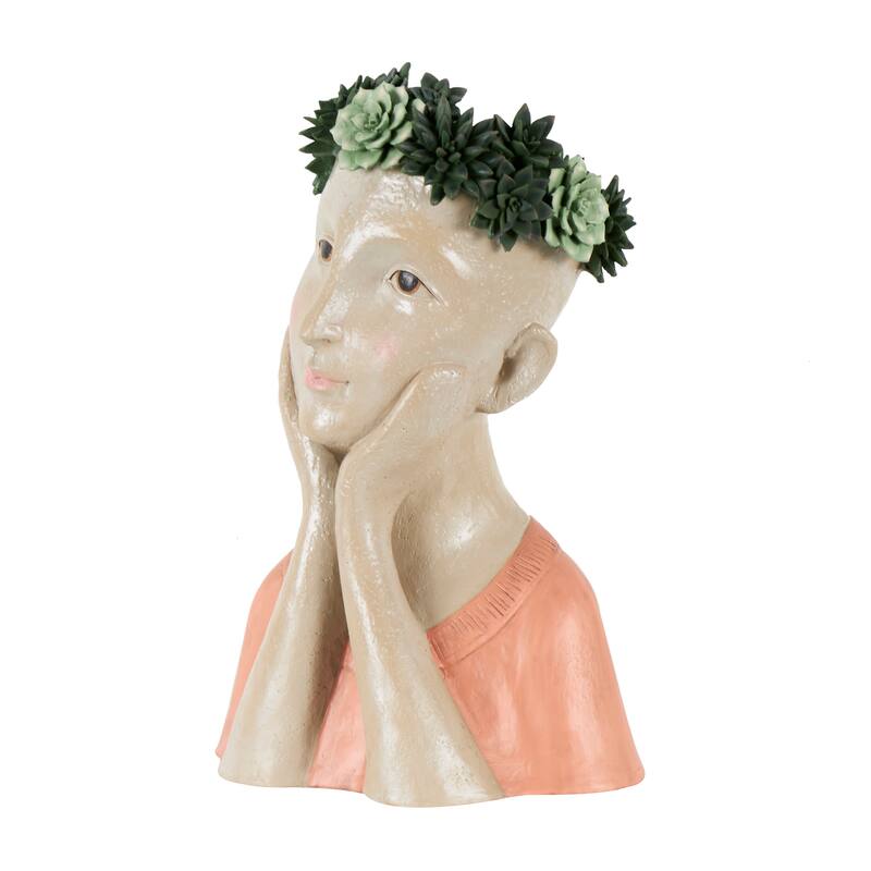 Beige Resin Bust Woman Planter with Succulent Crown and Top