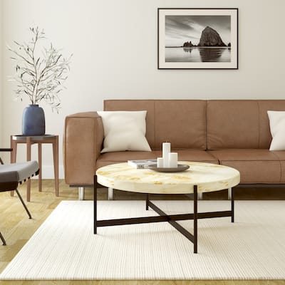 Sevita Eliana Round Burl Wood & Black Metal Coffee Table, 36" L x 36" W x 18" H - 36" Diameter x 18" H