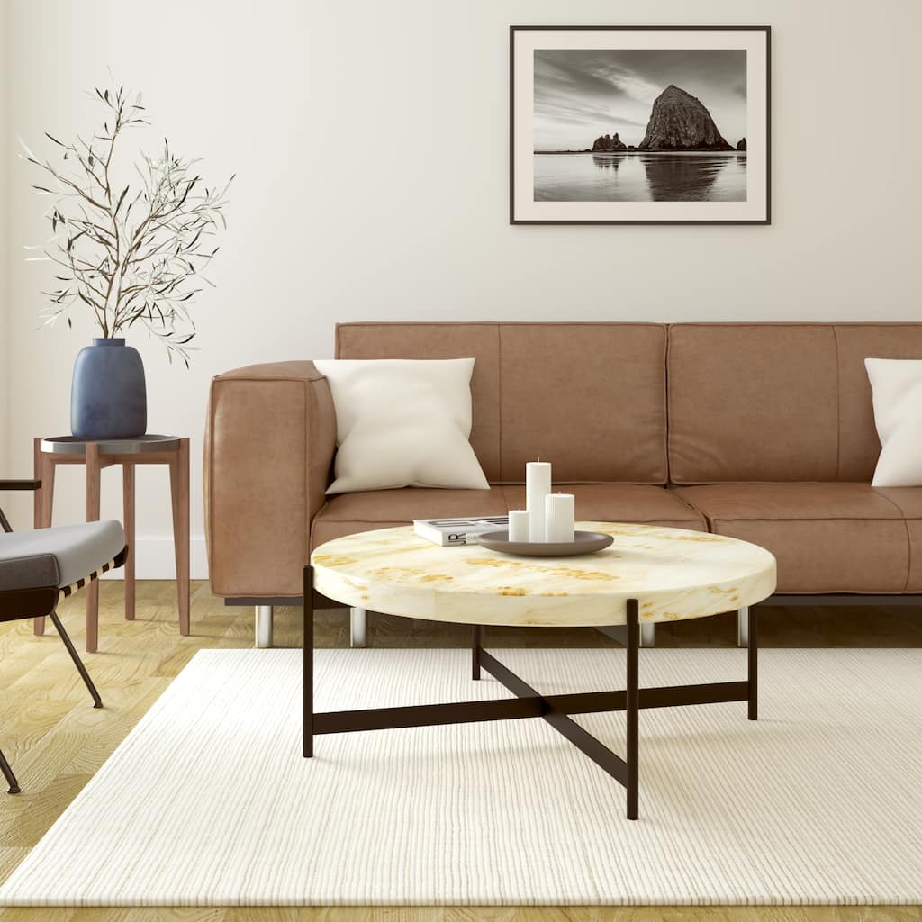 Sevita Eliana Round Burl Wood & Black Metal Coffee Table, 36" L x 36" W x 18" H - 36" Diameter x 18" H