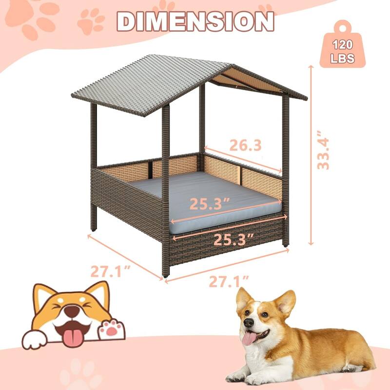 BOSSIN PE Rattan Dog House with Canopy - Indoor/Outdoor Shelter for Small/Medium Dogs, Removable Cushion - Patio,Yard, Poolside