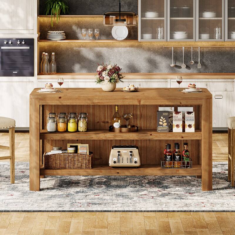 63-Inch Solid Wood Kitchen Island with Storage Shelves - 63.0" W x 28" D x 35.4" H