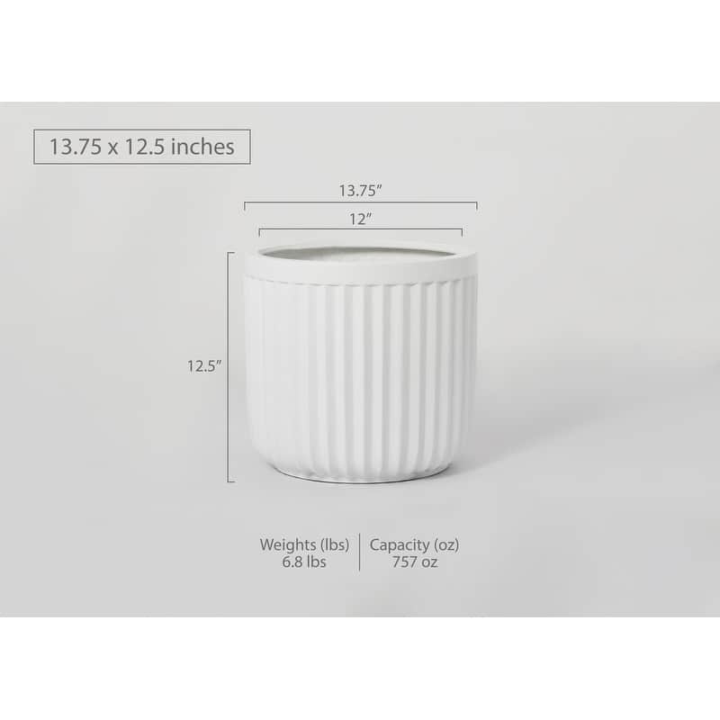 Indoor/Outdoor Large 1-Piece Minimalist Fiberstone Lightweight Short Round Planter Pot With Grooves - 16, 13, 11 in Matte Finish - 12.5 In. H x 13.75 In. W x 13.75 In. L - White