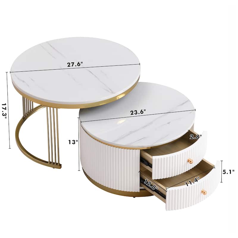 Roomfitters Modern 2-Piece White Round Nesting Coffee Table Set with Gold Base and Storage Drawers 27.6"
