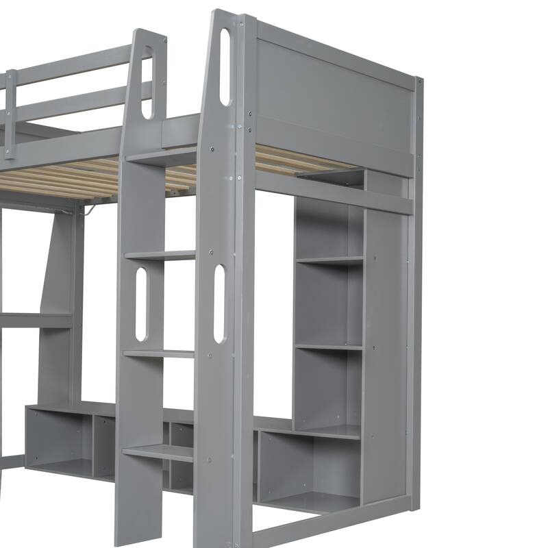 Gray Twin Size Loft Bed with Built-in Desk, Shelves, LED Lighting & Clothes Rack