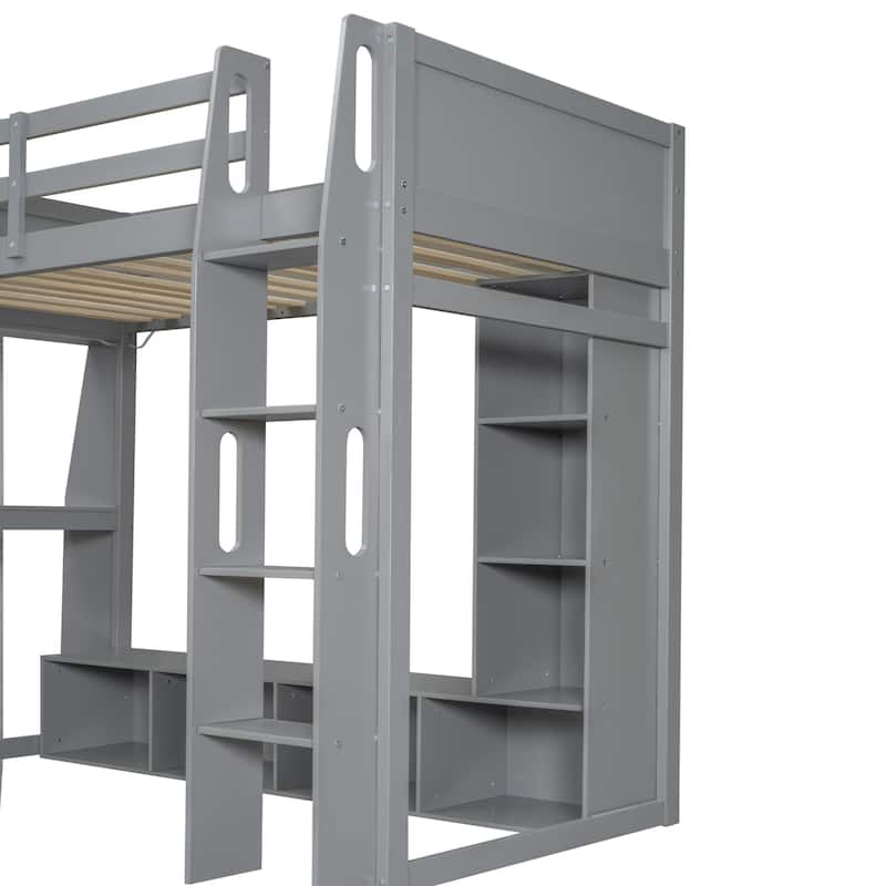 Multi-Functional Gaming Loft Bed with Built-in Desk & Storage Cabinets, Wood Bed Frame with LED and a Hanging Clothes Rack
