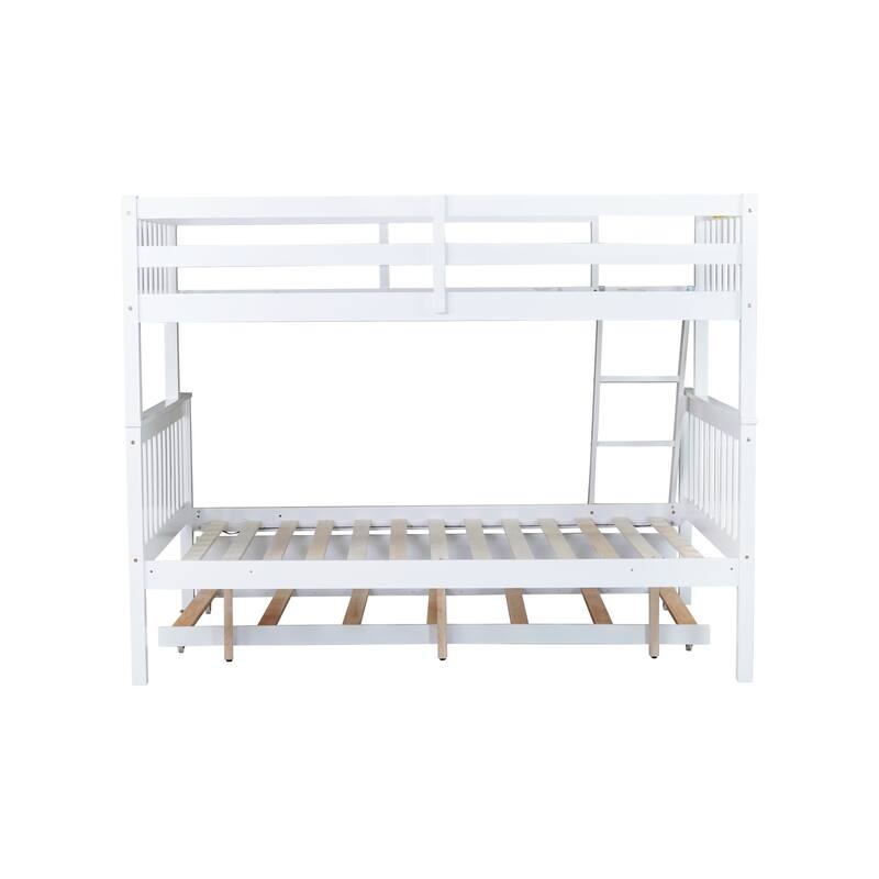 Roomfitters Twin Over Full Rubber Wood Bunk Bed with Trundle, Detachable Convertible Bunk Bed with Ladder and Guardrails