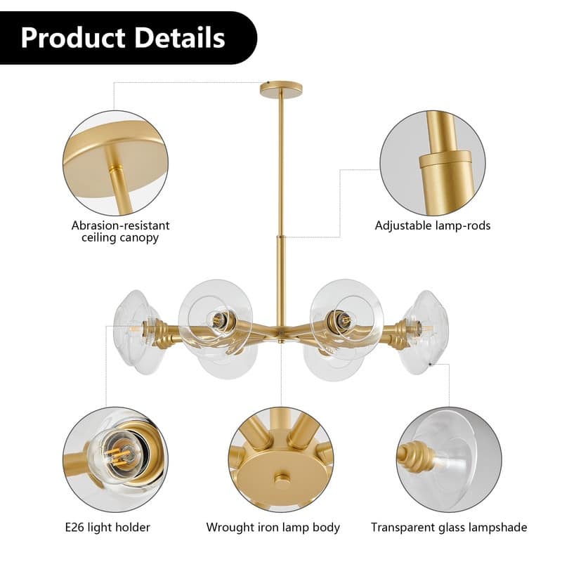 Modern Gold Sputnik Chandelier with Clear Glass Shades, Mid-Century Hanging Pendant Light Fixture for Dining Room.