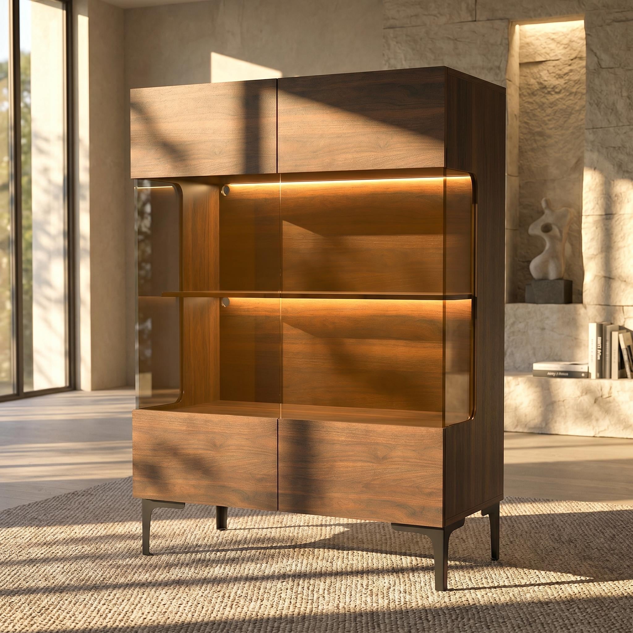 Glass Bookcase Bookshefl w/Cabinet Storage LED Display Shelves Bathroom or Living Room 3-Color LED Lights - 31.5"x45.3"