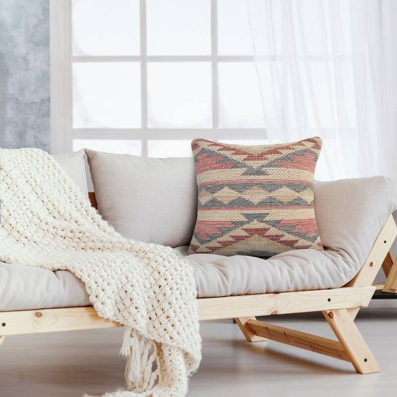 18" Pink and Gray Eclectic Southwestern Square Throw Pillow