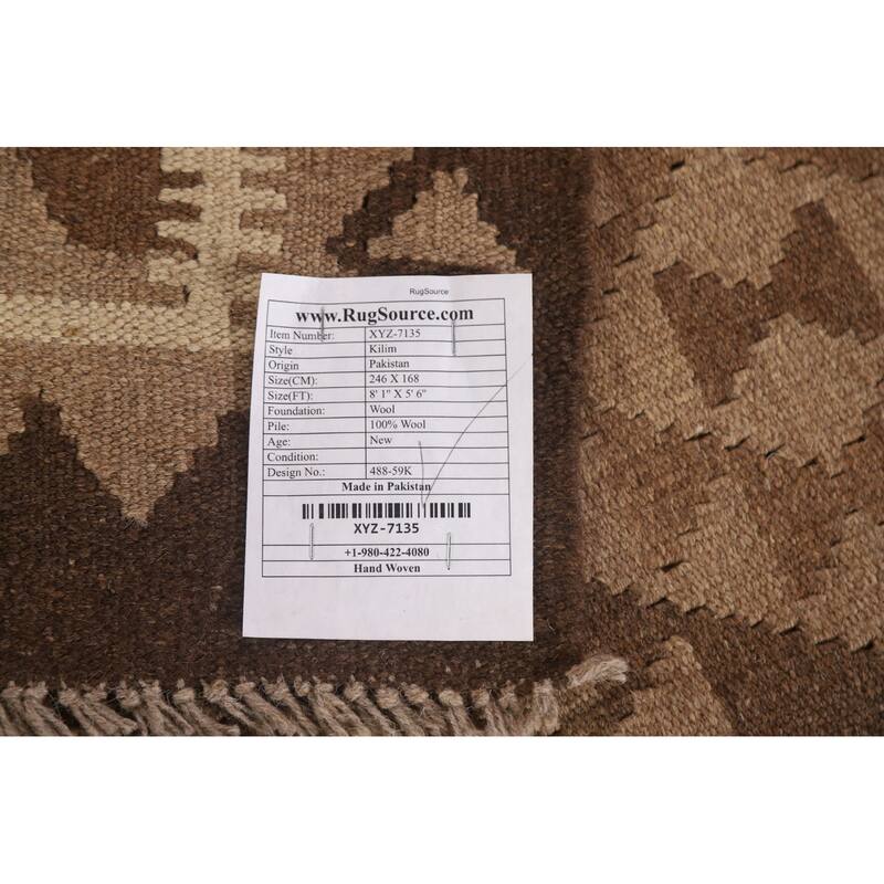 Brown Kilim Oriental Area Rug Flat-weave Wool Living Room Carpet - 5'6" x 8'1"