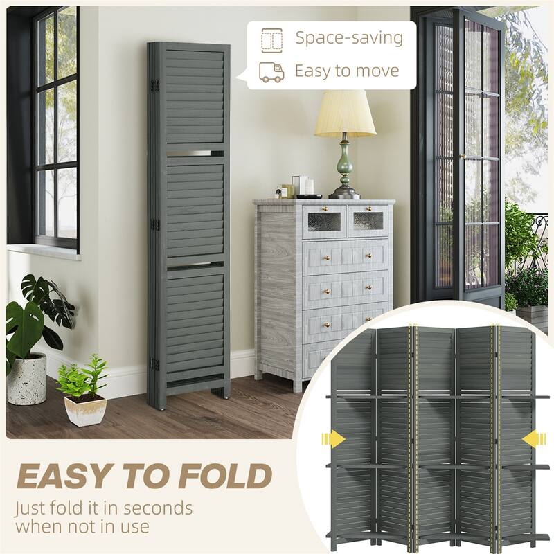 78.75" Wide 5-Panel Foldable Paulownia Wood Room Divider Screen with Built-In Shelves - 78.75" L x 67" H x 0.75" T