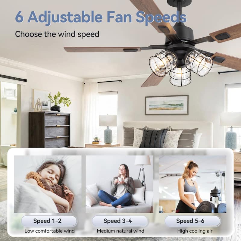 52" Industrial Reversible 5-Blade Glass Shade Ceiling Fan with Light and Remote