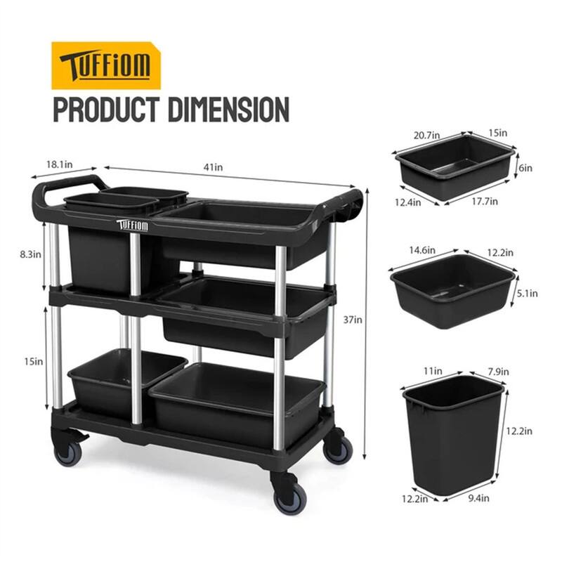 3-Tier 330lbs Capacity Plastic Service Storage Utility Cart with Wheels Black