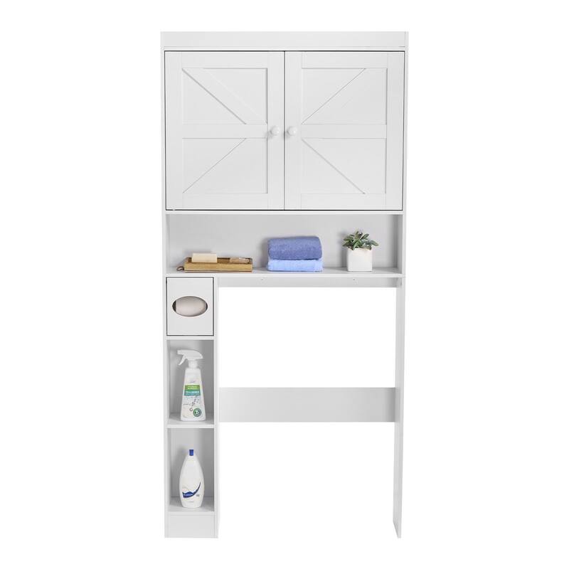 Sofucor Over The Toilet Storage Cabinet with Adjustable Shelves,Bathroom Organizer with Doors and Open Shelving,Space-Saving - White