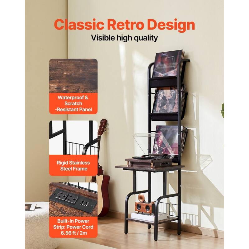 Black 5 Tiers Metal Record Player Stand with LED Light and USB Ports and Oxford Fabric Bags - 17.72" x 19.29" x 56.3"