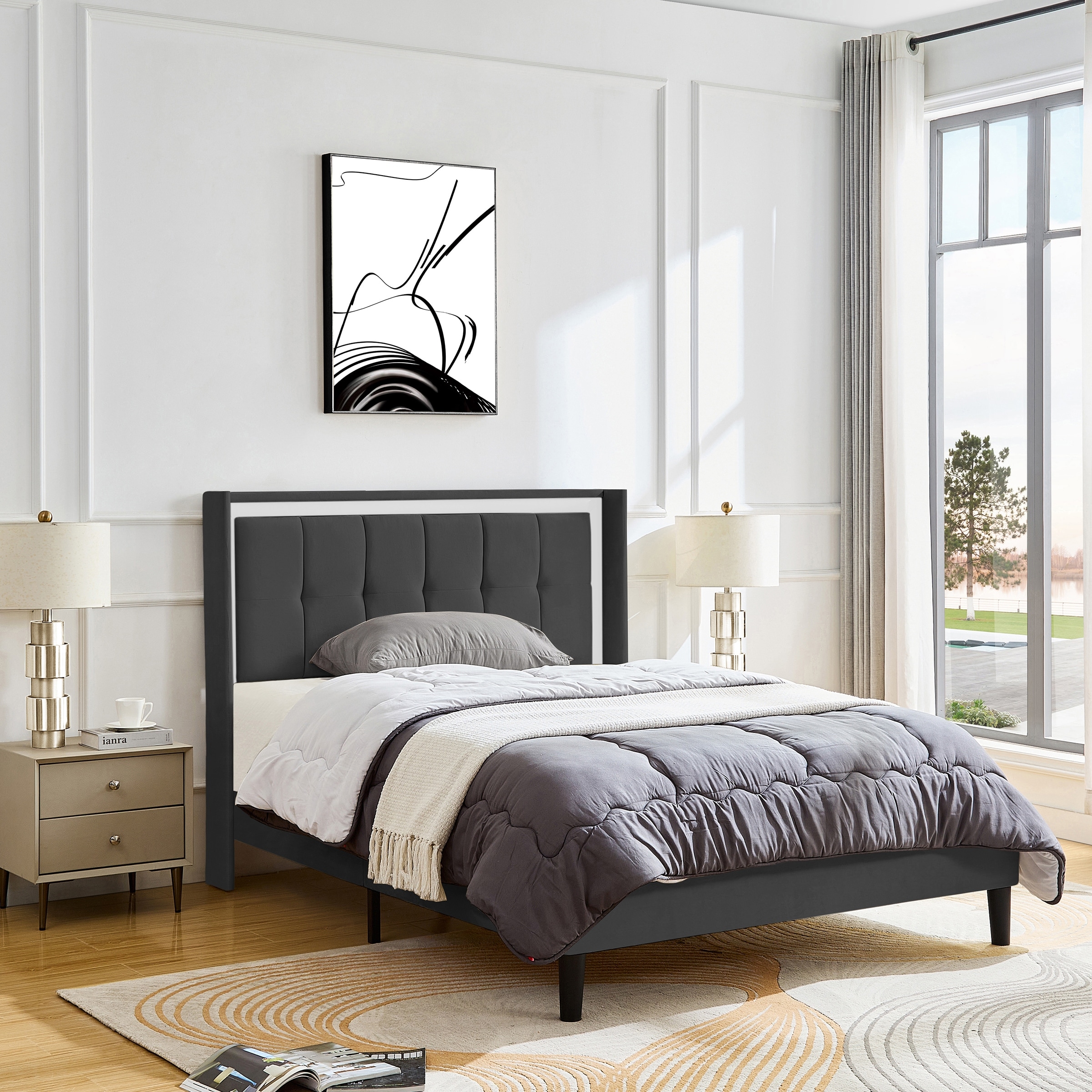 Dark Grey Queen Size Upholstered Platform Bed with Headboard and Sturdy  Slats - Bed Bath \u0026 Beyond - 41763460, image size:2400x2400