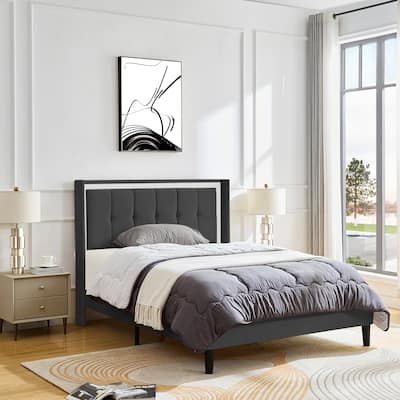 Queen Size Wooden Slats Platform Bed Frame with Dark Gray Tufted Upholstered Headboard, Non-Slip Noiseless, No Springs Required
