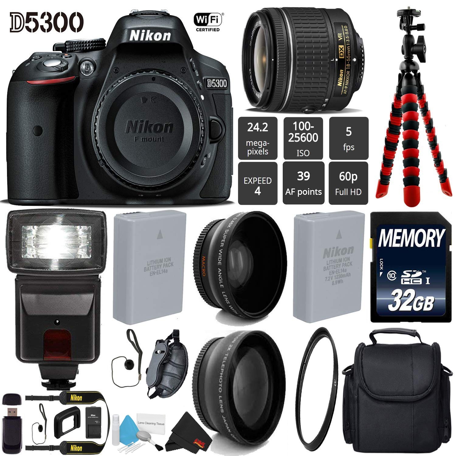 Nikon D5300 Dslr Wifi Gps 24.2mp Dx Cmos Camera With Afp 18...