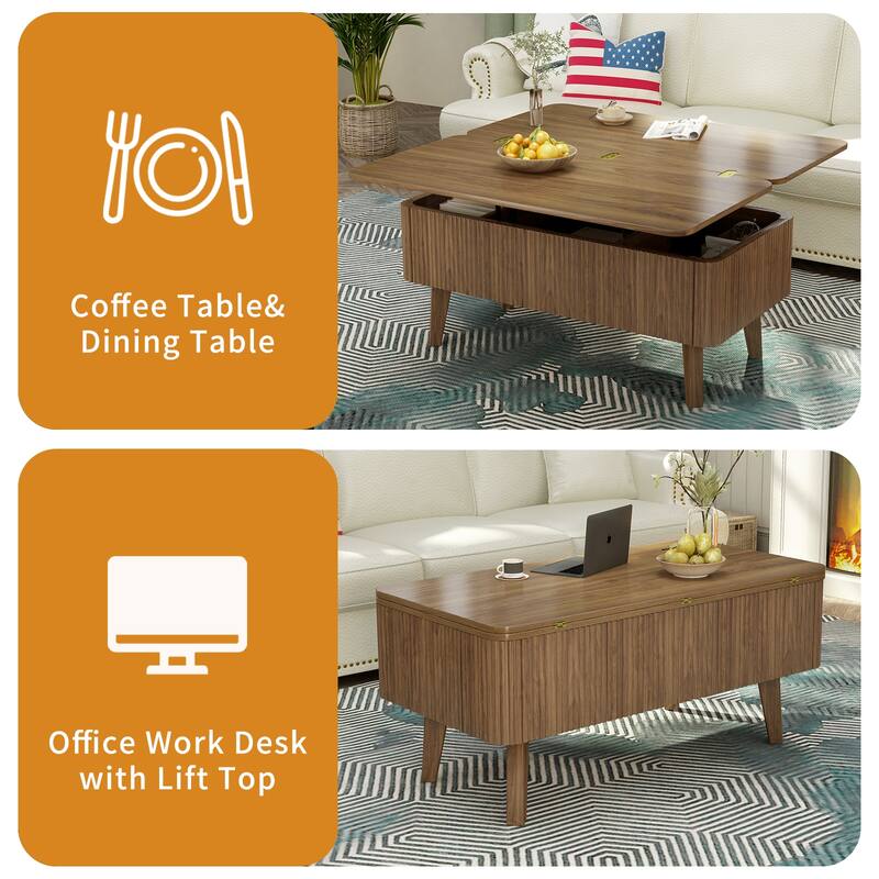 3 in 1 Walnut Lift Top Convertible Coffee Table, Oval Wooden with Storage for Small Spaces
