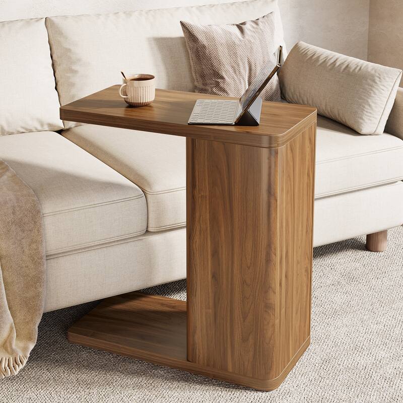 C-Shaped End Table 2-Tier Sofa Side Table for Couch - Brown-1PC