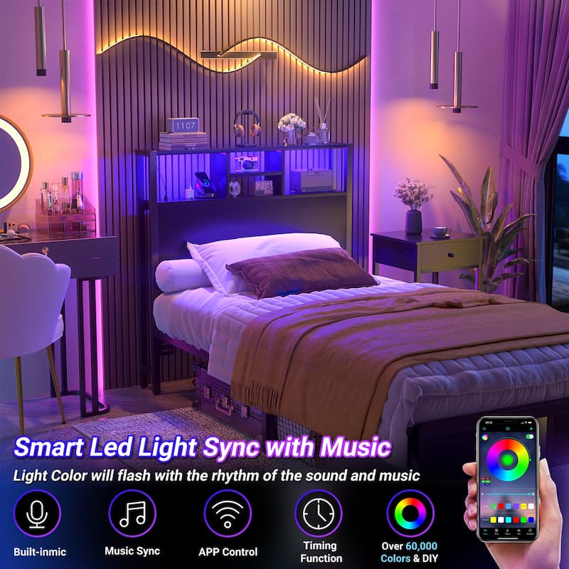Headboard with Storage and Charge Station, Platform Bed Heaboard with LED Lights