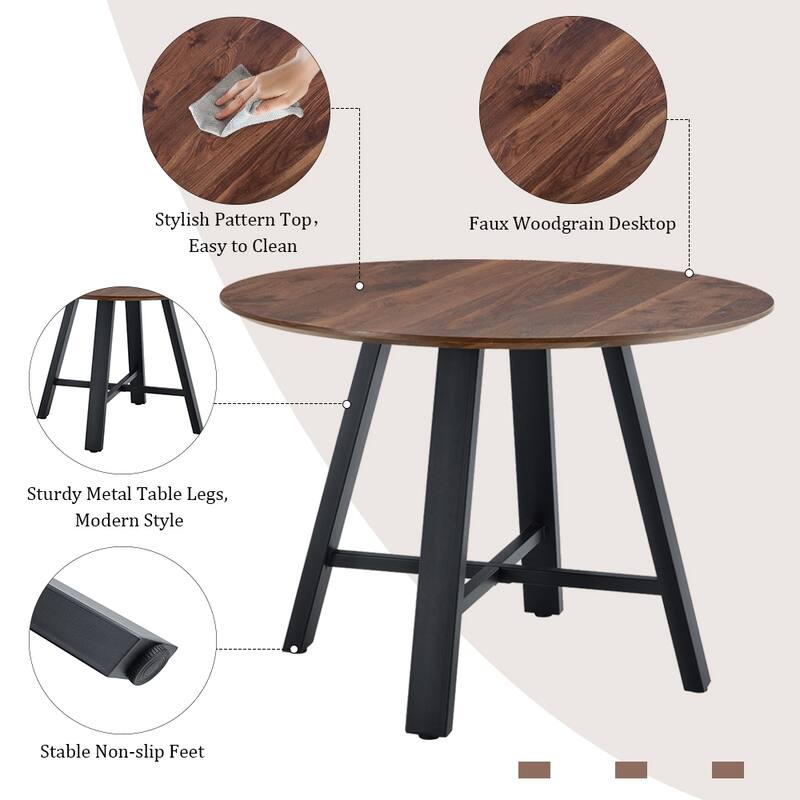 Modern Simple Round Coffee Table Dark Wood Grain Tabletop Coffee Table with Metal Legs, for Living Room
