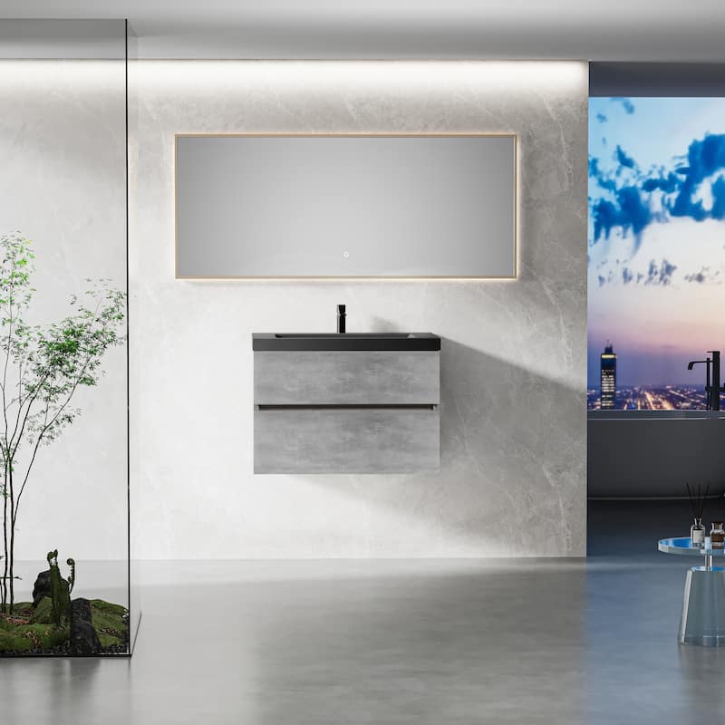 Grey Wall-Mounted Bath Vanity, Quartz Top,Sink and Soft Close Drawers