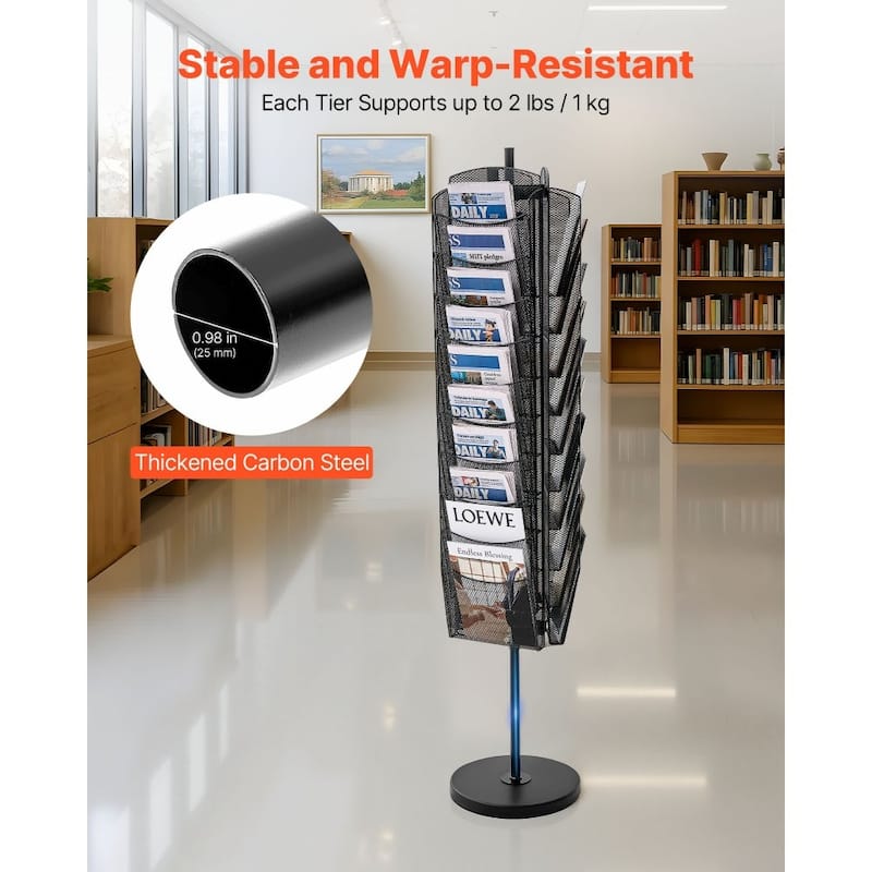 30-Tier Rotating Metal Magazine Display Rack 360° Swivel Literature Stand for Brochures, A4 Documents & Catalogs