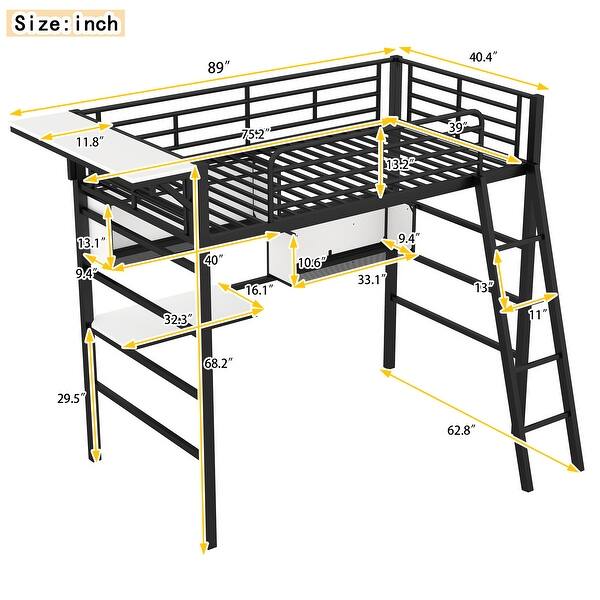 dimension image slide 1 of 2, Metal Loft Bed with 2 Shelves, a desk and a Hanging Clothes Rack