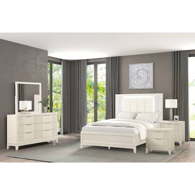 Furniture of America Irwin 5-Piece Antique White Wood Queen Panel Bedroom Set with LED Headboard