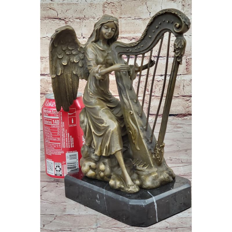Winged Female Angel Playing Heavenly Harp - Bronze Memorial Sculpture Statue