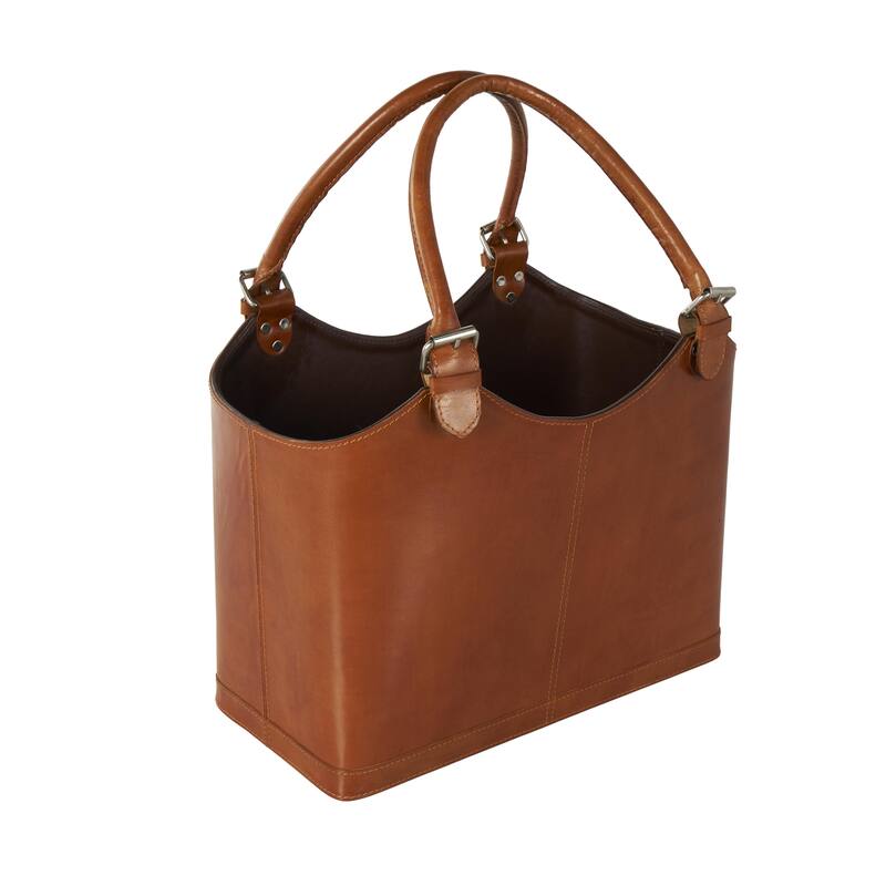 Brown or Black Leather Handmade Box Style Single Slot Decorative Magazine Holder with Detail Stitching and Curved Buckle Handles