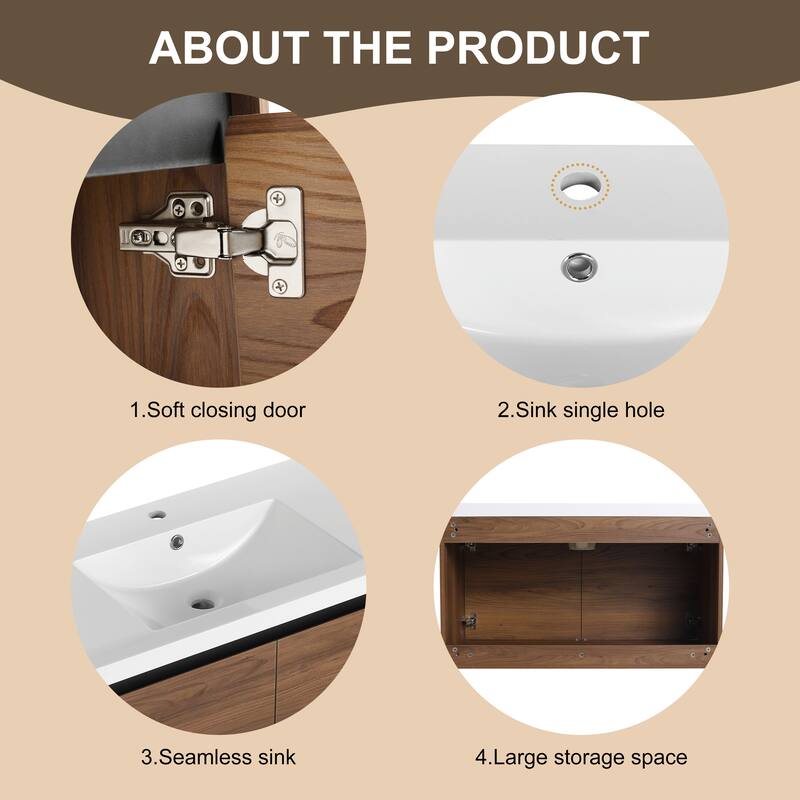 GDFStudio - Levistar Modern Wall-Mounted Bathroom Vanity Set with Scratch-Resistant Resin Sink & Soft Close Doors