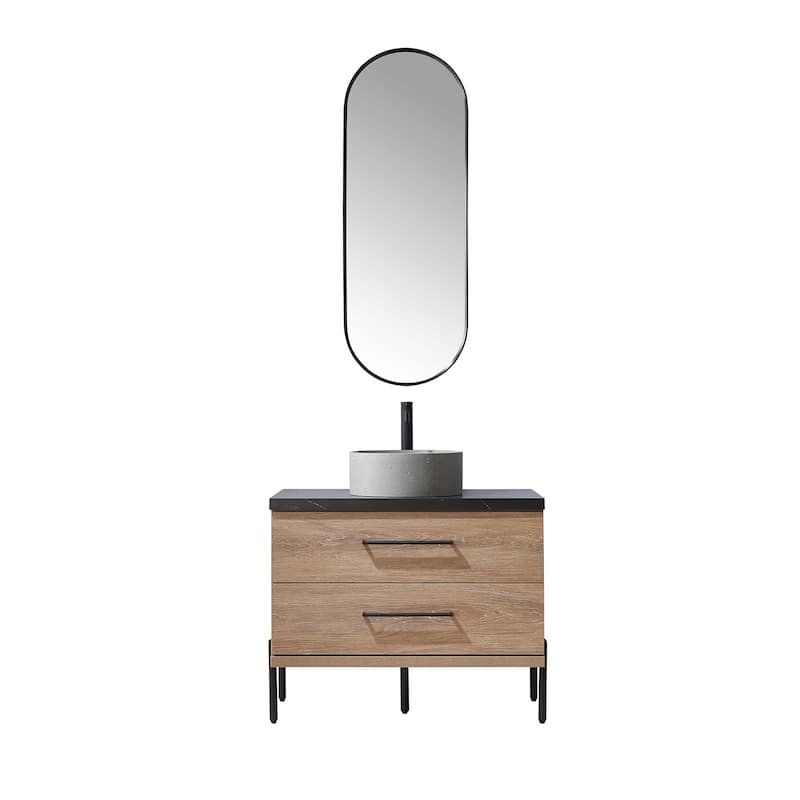 Trento Bath Vanity with Sintered Stone Top with Concrete Sink (R) - 36 in. - North American Oak-With Mirror