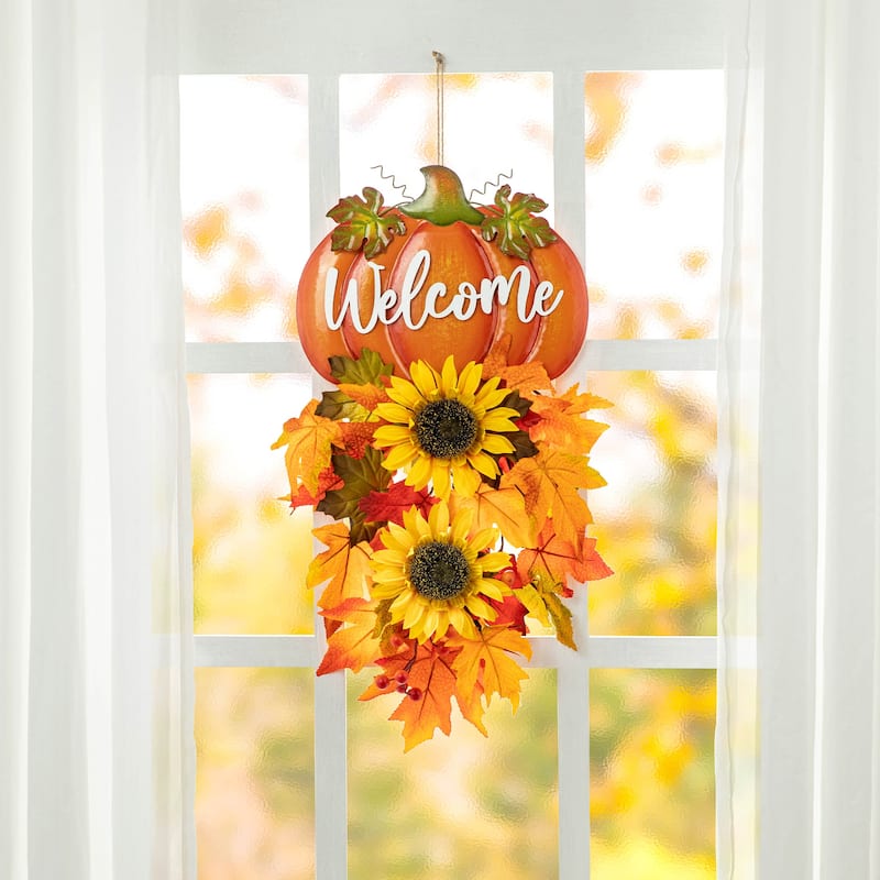 Glitzhome 22.5"H Fall Metal Welcome Pumpkin and Sunflower Swag Thanksgiving Wall Decor